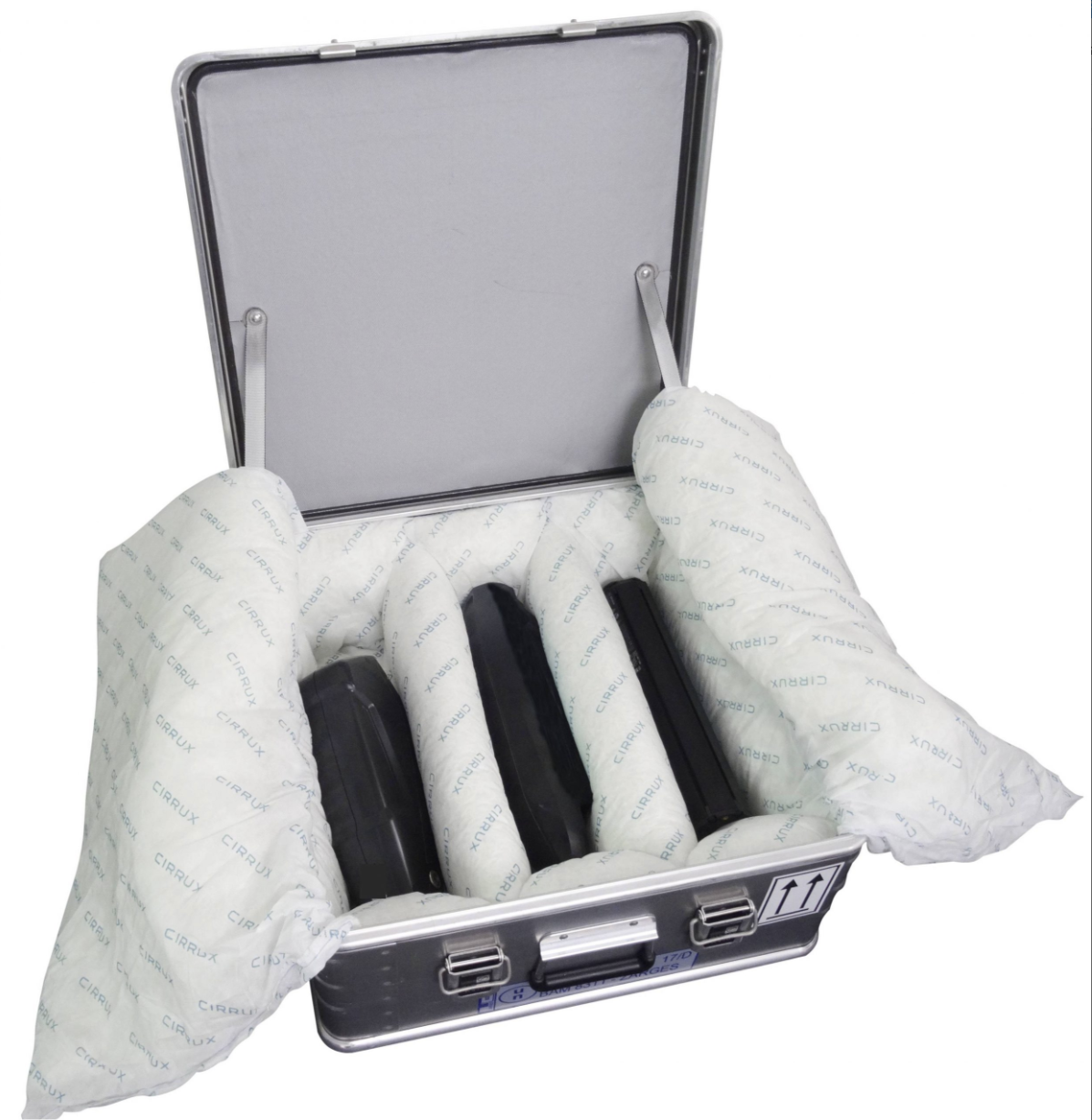 Open ZARGES aluminum shipping case for lithium-ion batteries